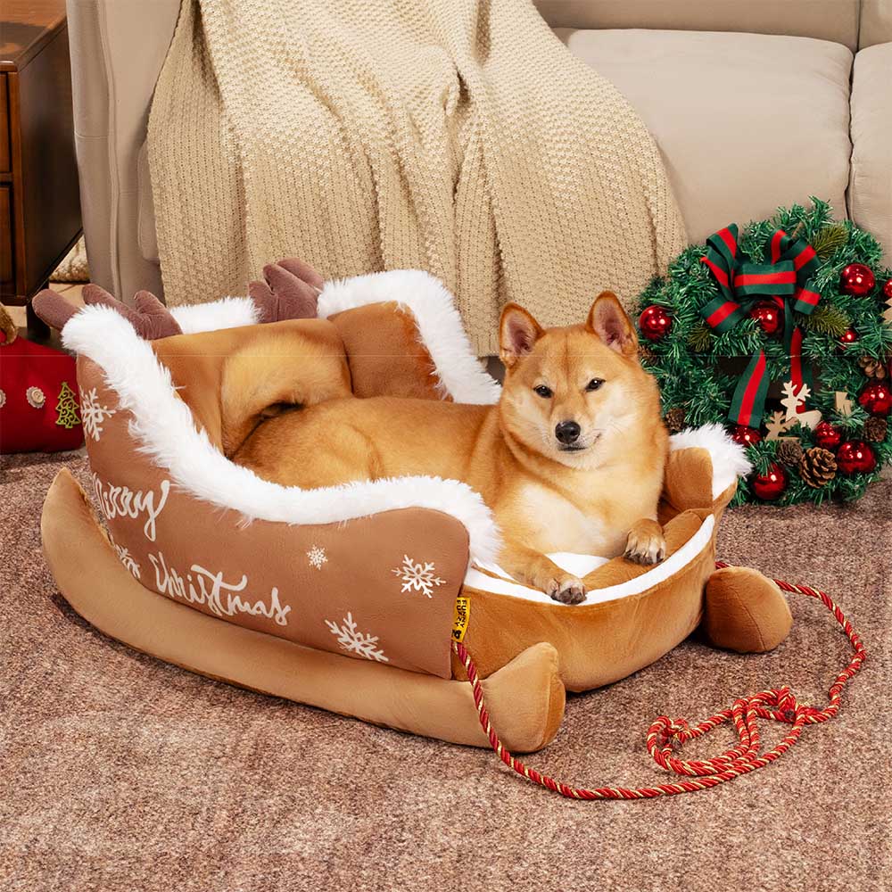 BowLift | Christmas Sleigh Dog Bed with Plush Crystal Velvet and Non-Slip Bottom