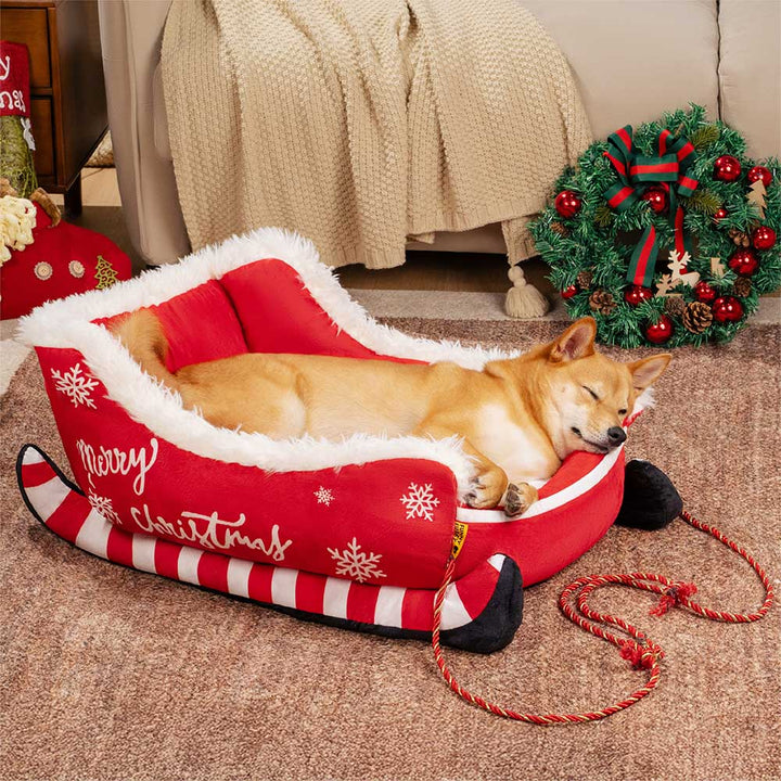 BowLift | Christmas Sleigh Dog Bed with Plush Crystal Velvet and Non-Slip Bottom
