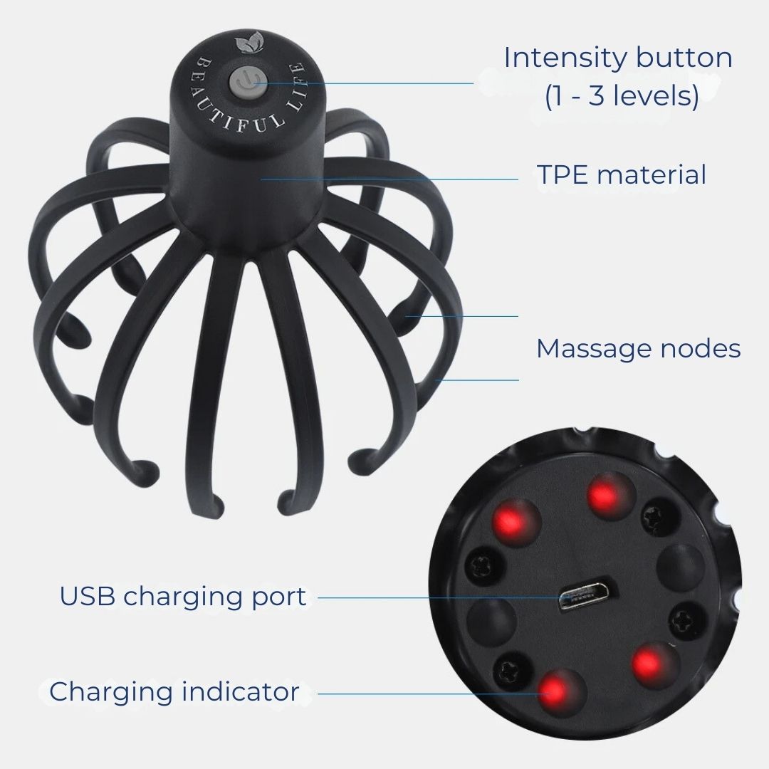 CalmFlow Smart Electric Octopus Head Massager | Scalp Massage - Stress Relief - Improved Sleep - Multi-Directional Vibration Head Massager Bowlift
