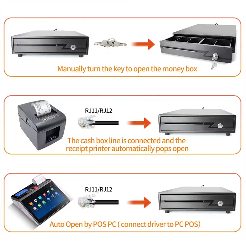 BowLift | Metal Cash Drawer Double Cheque Slots 3 Lock Money Drawer Cash Register Drawer Box Tray Rj11 For Pos System