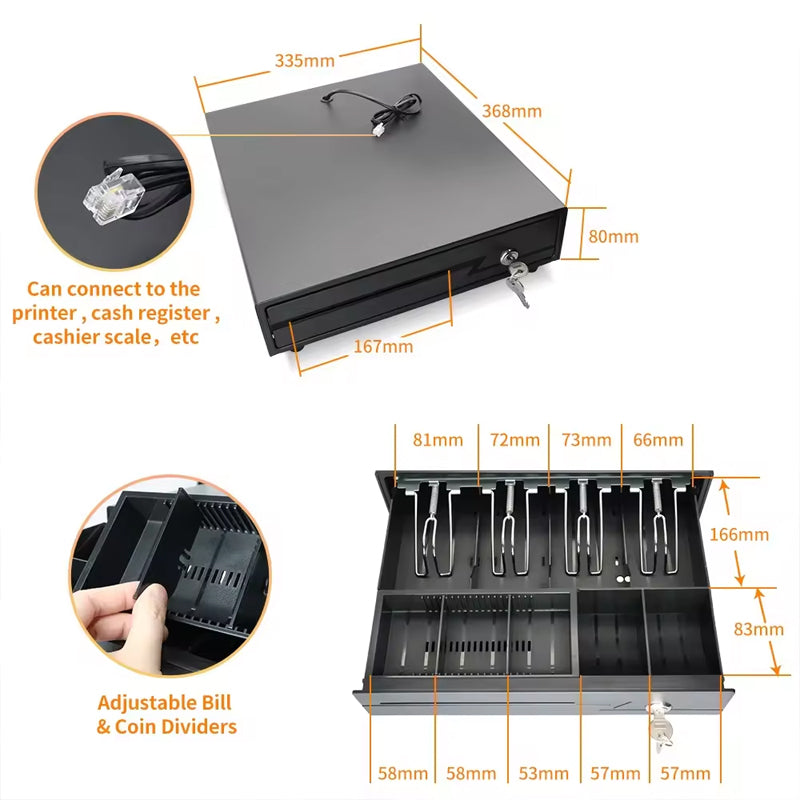 BowLift | Metal Cash Drawer Double Cheque Slots 3 Lock Money Drawer Cash Register Drawer Box Tray Rj11 For Pos System