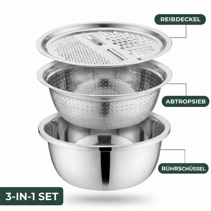 3-in-1 Mixing Bowl Set Stainless Steel with Grater and Sieve | Bowlift