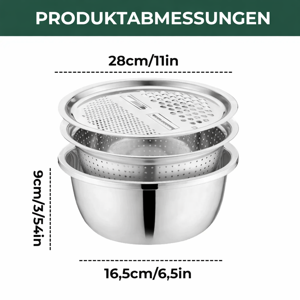 3-in-1 Mixing Bowl Set Stainless Steel with Grater and Sieve | Bowlift