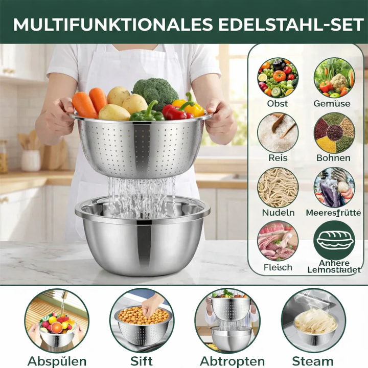 3-in-1 Mixing Bowl Set Stainless Steel with Grater and Sieve | Bowlift