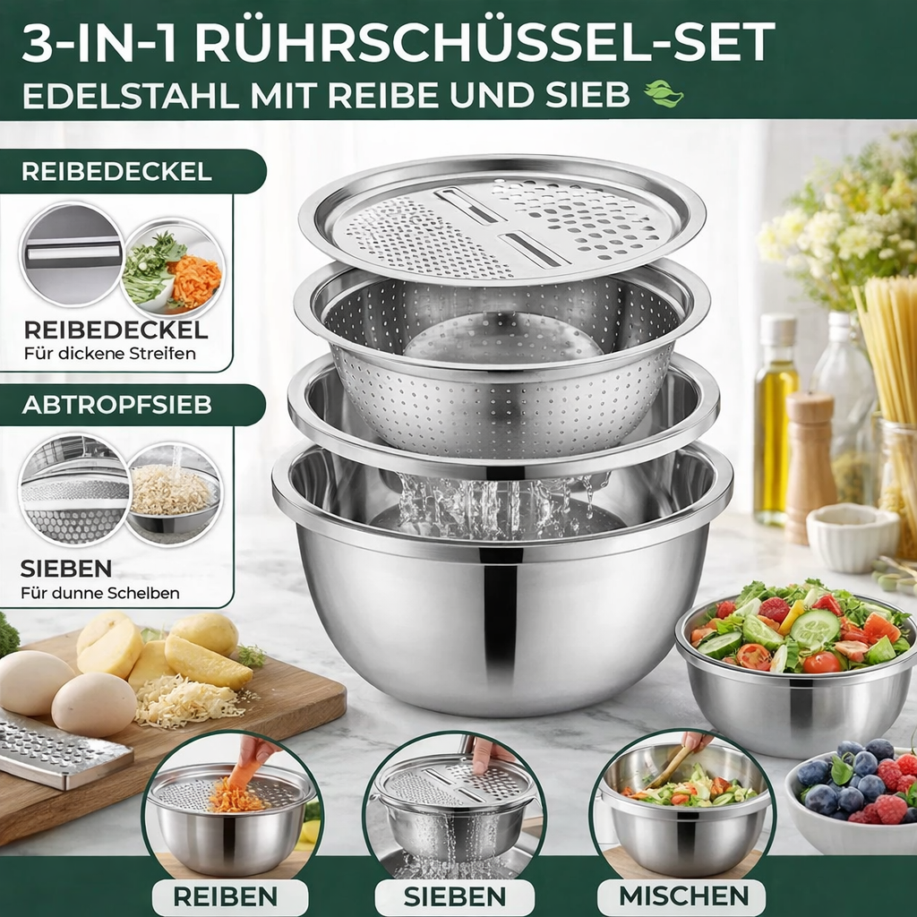 3-in-1 Mixing Bowl Set Stainless Steel with Grater and Sieve | Bowlift