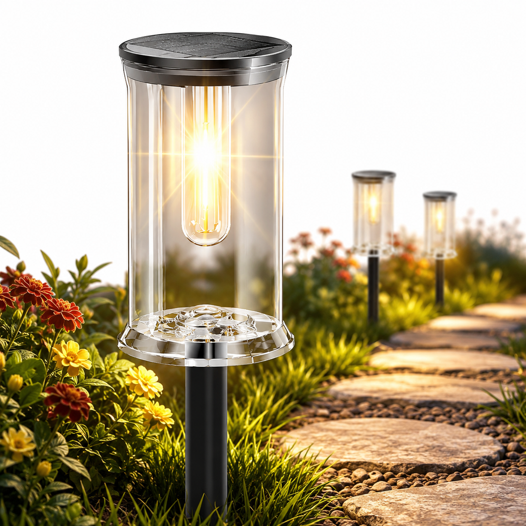 Solar stake lantern with integrated filament LED and weatherproof polycarbonate housing Bowlift