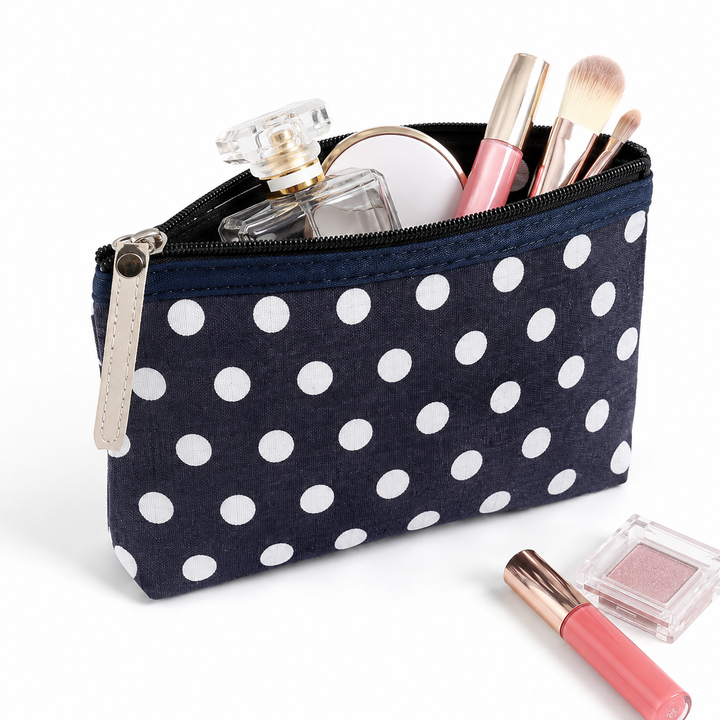 Polka dot canvas cosmetic pouch with top zipper and leather pull Bowlift