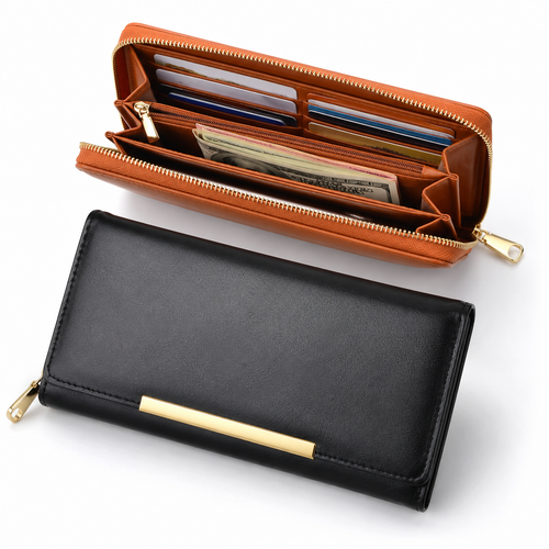 Premium vegan leather long wallet clutch with gold bar accent and detachable chain Bowlift