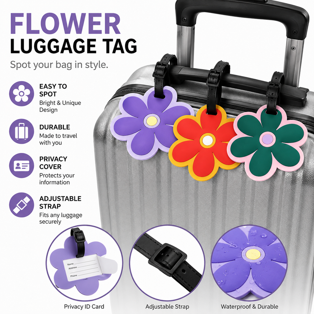 Floral silicone luggage tag with adjustable strap and embossed ID panel Bowlift