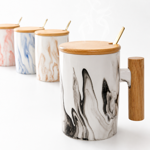 Ergonomic ceramic mug with solid wooden handle bamboo lid and metal spoon in gift box Bowlift