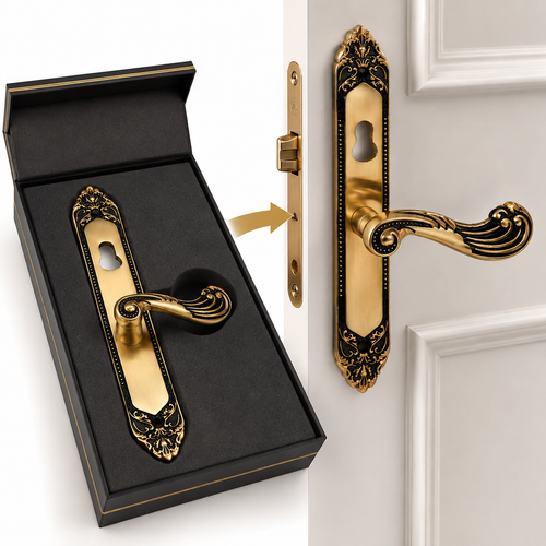 Antique Ornate Door Lever Handle Set with Decorative Long Backplate and Keyhole Bowlift
