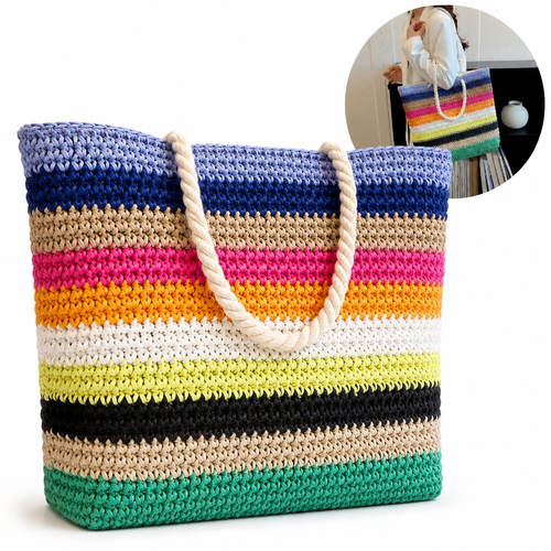 Striped Crochet Beach Tote with Rope Handles and Lined Interior Bowlift