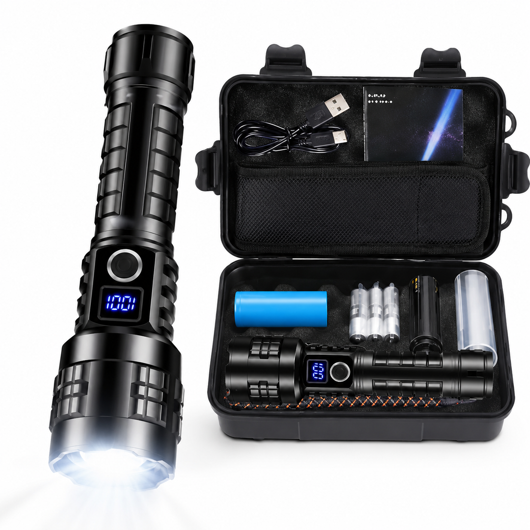 High-Powered Rechargeable Tactical LED Flashlight with Digital Battery Indicator and Zoom Focus Bowlift
