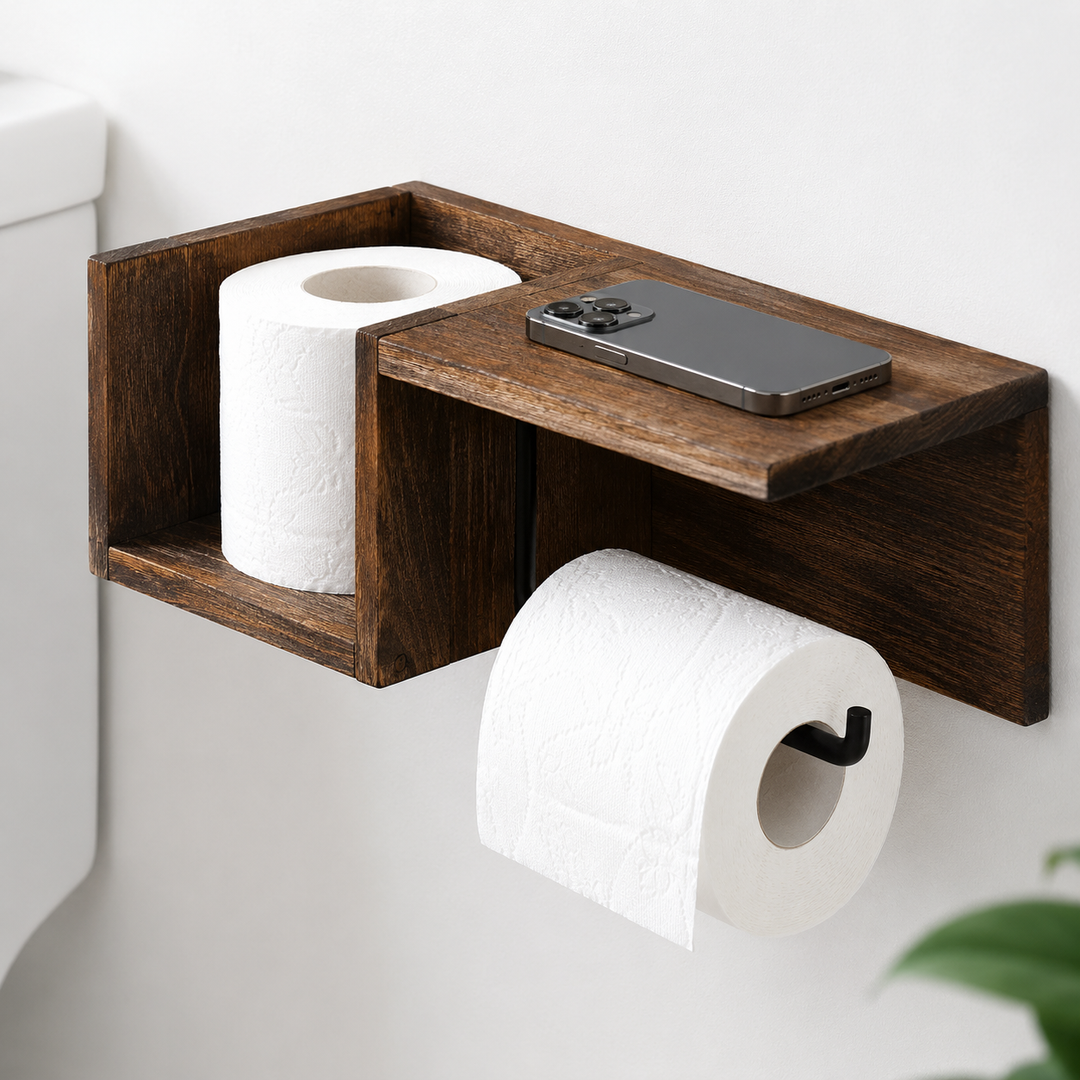 Wall-Mounted Wooden Toilet Paper Shelf Organizer with Metal Roll Holder and Storage Cubby Bowlift