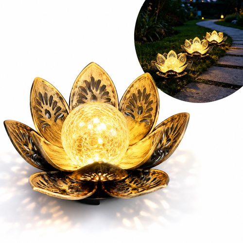 Decorative lotus solar garden light with antique metal petals and cracked glass globe Bowlift