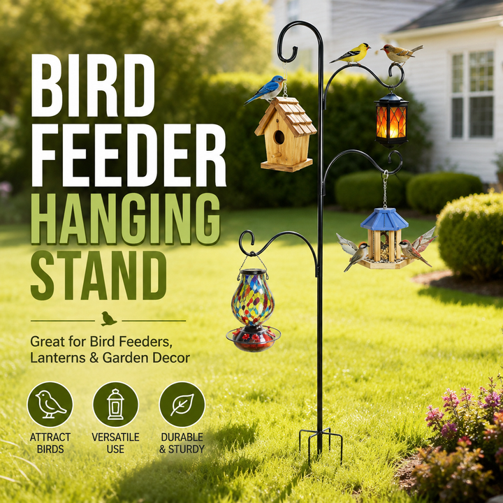 Adjustable double-hook shepherd hook ground stake with anchoring fork for hanging bird feeders and lanterns Bowlift