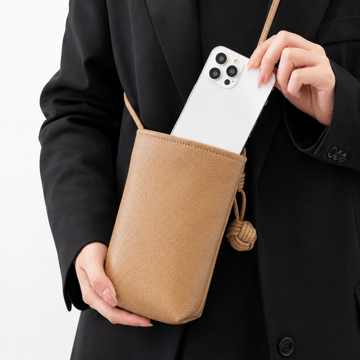Pebbled Leather Mini Crossbody Phone Pouch with Knotted Strap Bowlift