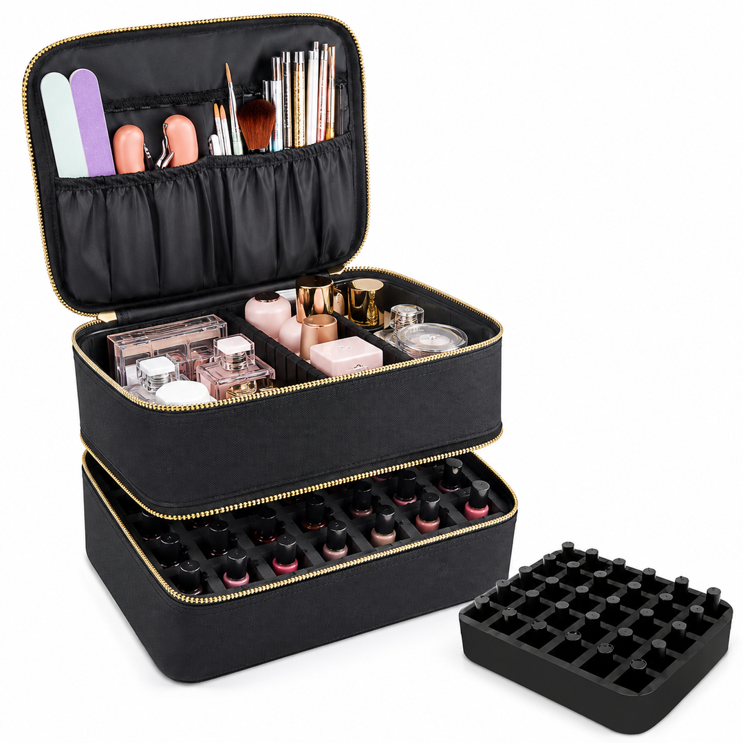 Luxury Double-Deck Nail & Cosmetic Organizer with Removable Silicone Bottle Grid Bowlift