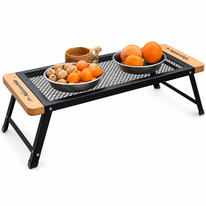 Portable Folding Camping Mesh Grill Table with Wooden End Panels Bowlift