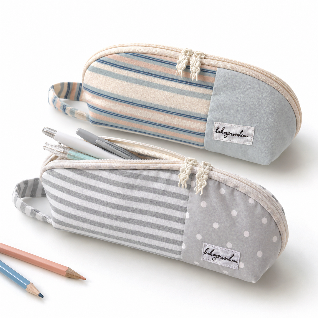 Striped Cotton Cosmetic and Pencil Pouch with Wrist Strap Bowlift