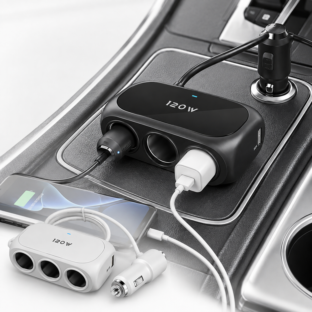 Car Cigarette Lighter Socket Triple Splitter with USB Fast-Charge and Surge Protection Bowlift