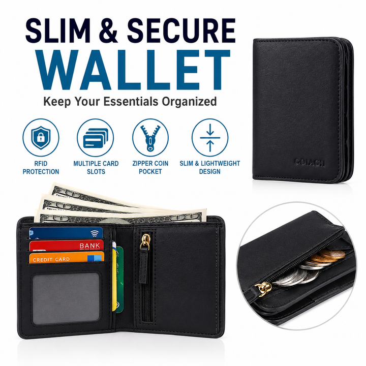 Compact Saffiano Card and Coin Wallet with Zipper Pocket Bowlift