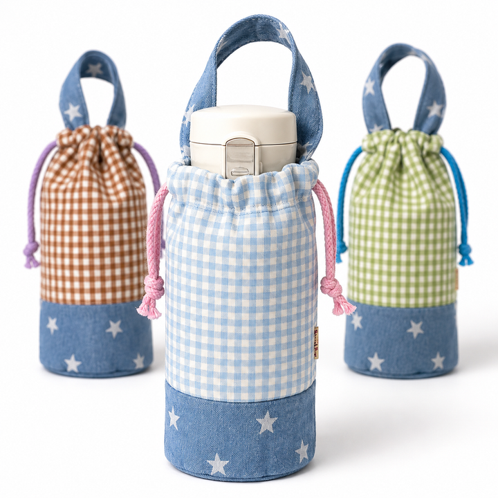 Drawstring Bottle Pouch with Denim Base and Carry Handle Bowlift