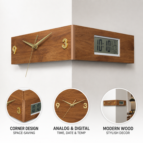 Corner-Mount Dual-Display Wooden Wall Clock with Analog Hands and LCD Panel Bowlift