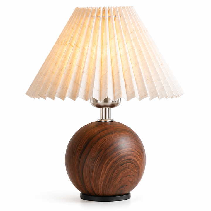 Mid-Century Round Wood Base Pleated Fabric Shade Bedside Lamp Bowlift