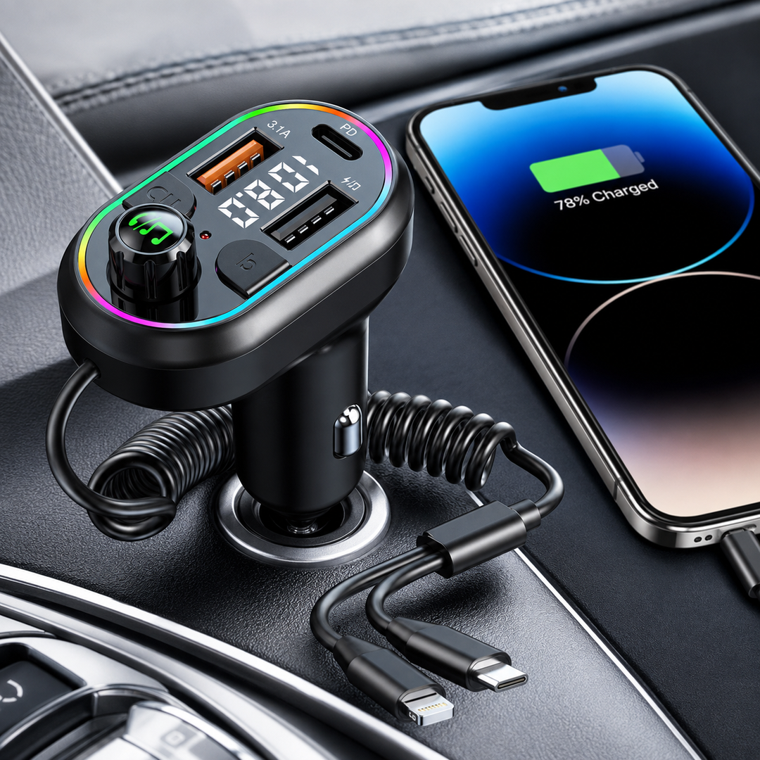 Car Bluetooth FM Transmitter Power Delivery Fast Charger with Dual Lightning and USB-C Integrated Cables Bowlift