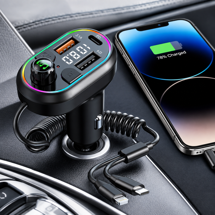 Car Bluetooth FM Transmitter Power Delivery Fast Charger with Dual Lightning and USB-C Integrated Cables Bowlift
