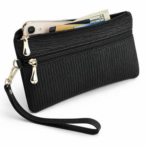 Quilted Double-Zip Wristlet Clutch Wallet with Detachable Strap Bowlift