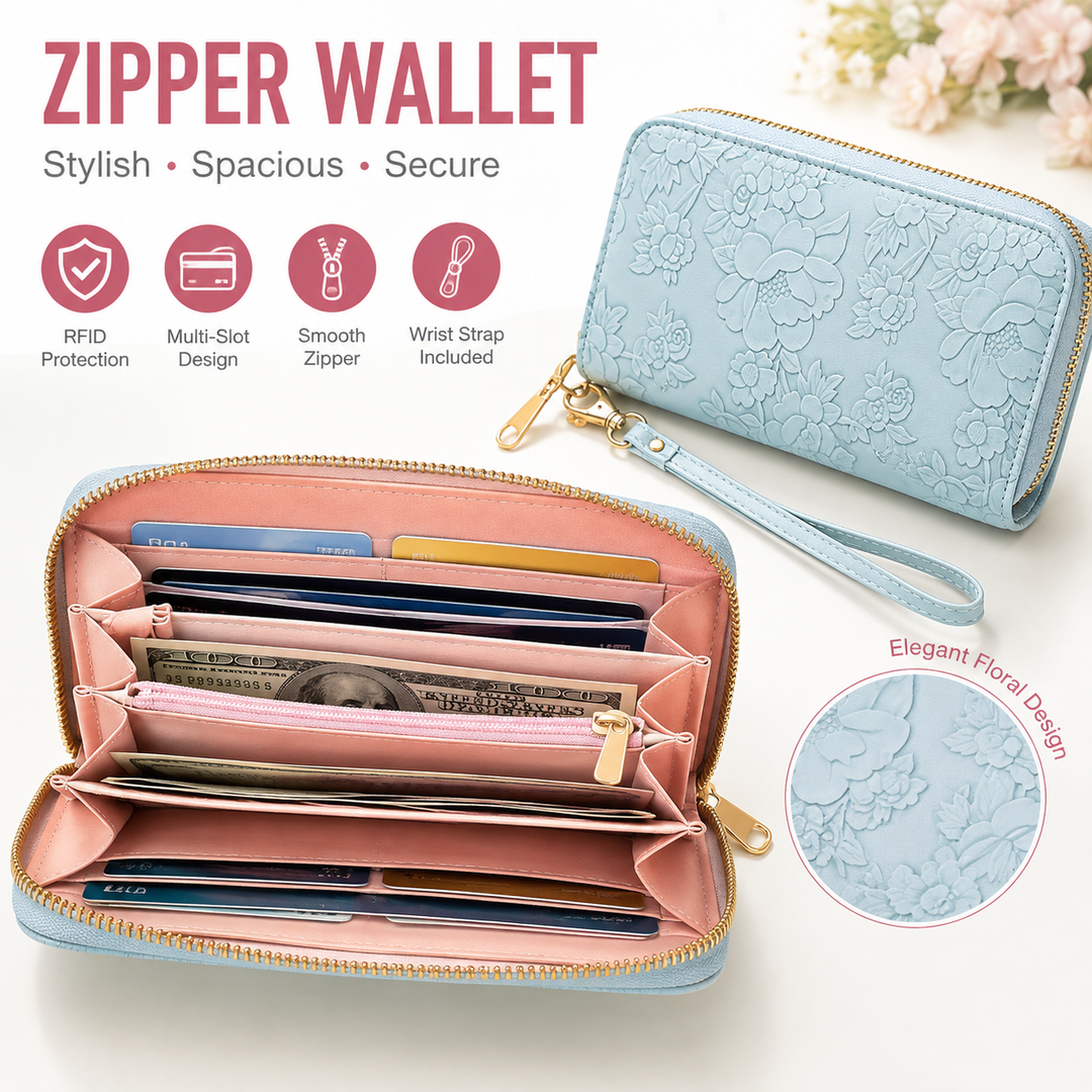 Embossed Floral Zip-Around Wristlet Wallet with Detachable Strap Bowlift