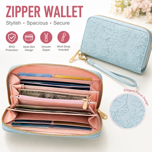 Embossed Floral Zip-Around Wristlet Wallet with Detachable Strap Bowlift