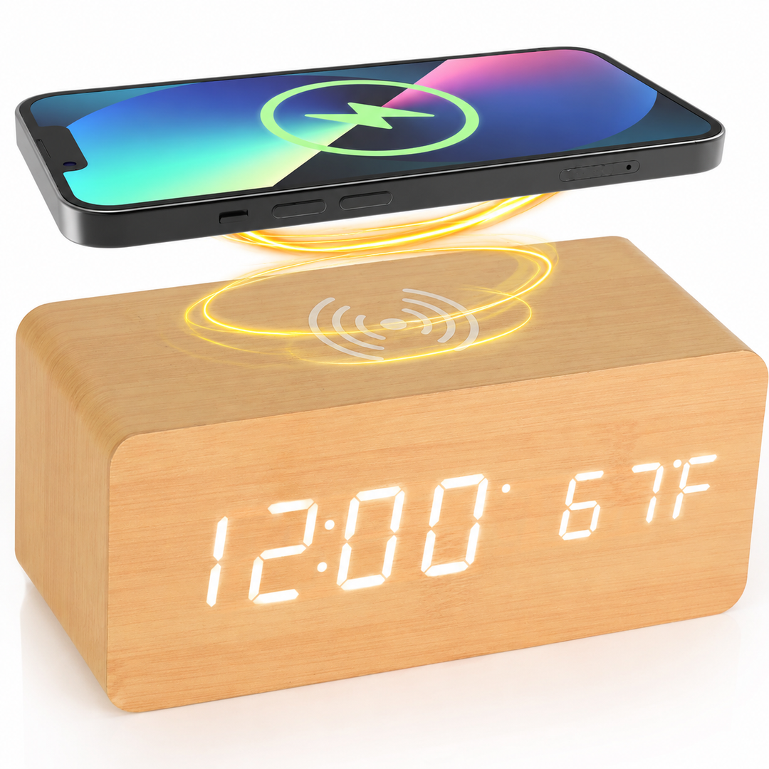 Wooden LED Alarm Clock with Wireless Qi Charging and Indoor Temperature Display Bowlift