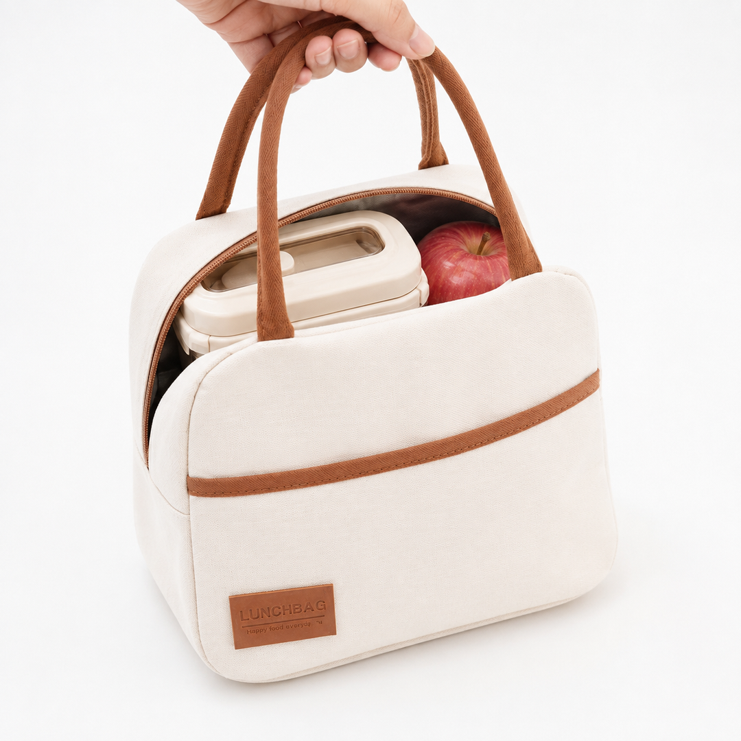 Insulated Canvas Lunch Tote with Dual Handles and Side Pocket Bowlift
