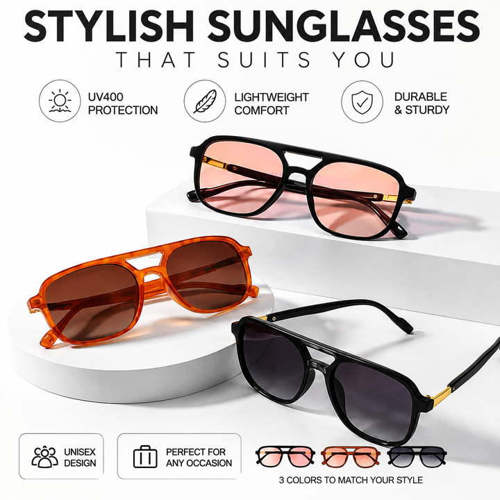 Square Aviator Sunglasses with Cutout Double Bridge and Polarized Gradient Lenses Bowlift