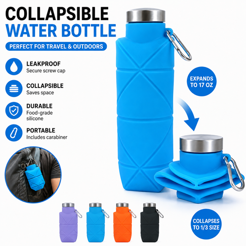 Collapsible Silicone Travel Water Bottle with Stainless Cap and Carabiner Bowlift