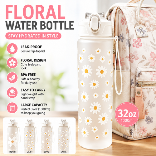 Reusable Frosted Daisy-Print Flip-Top Water Bottle Bowlift