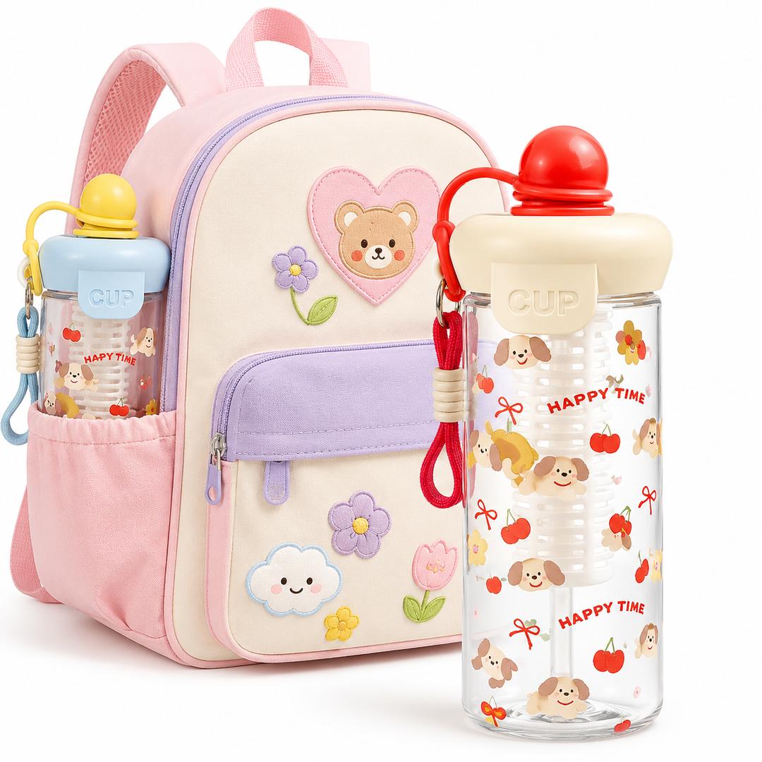 Kawaii Silicone-Topped Reusable Water Bottle with Carry Strap and Cute Dessert Print Bowlift