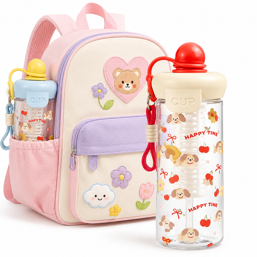 Kawaii Silicone-Topped Reusable Water Bottle with Carry Strap and Cute Dessert Print Bowlift