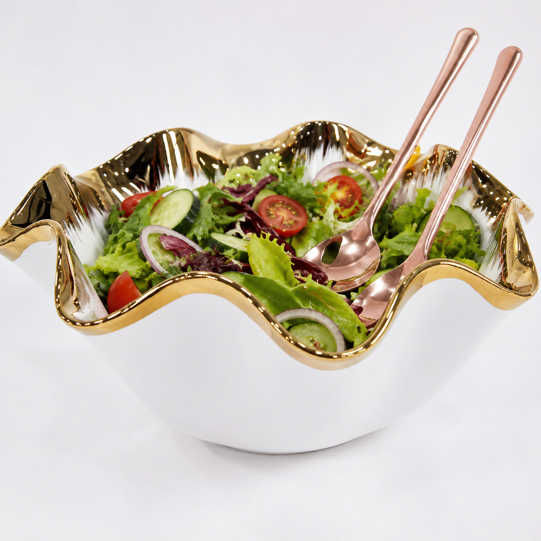 Hand-Glazed Metallic-Trimmed Ruffled Ceramic Centerpiece Bowl Bowlift