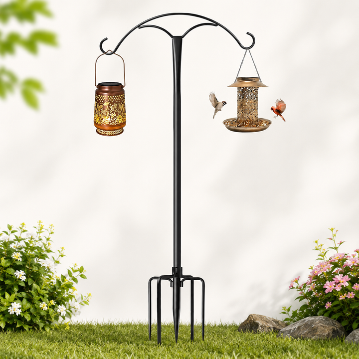 Adjustable double-hook shepherd hook ground stake with anchoring fork for hanging bird feeders and lanterns Bowlift