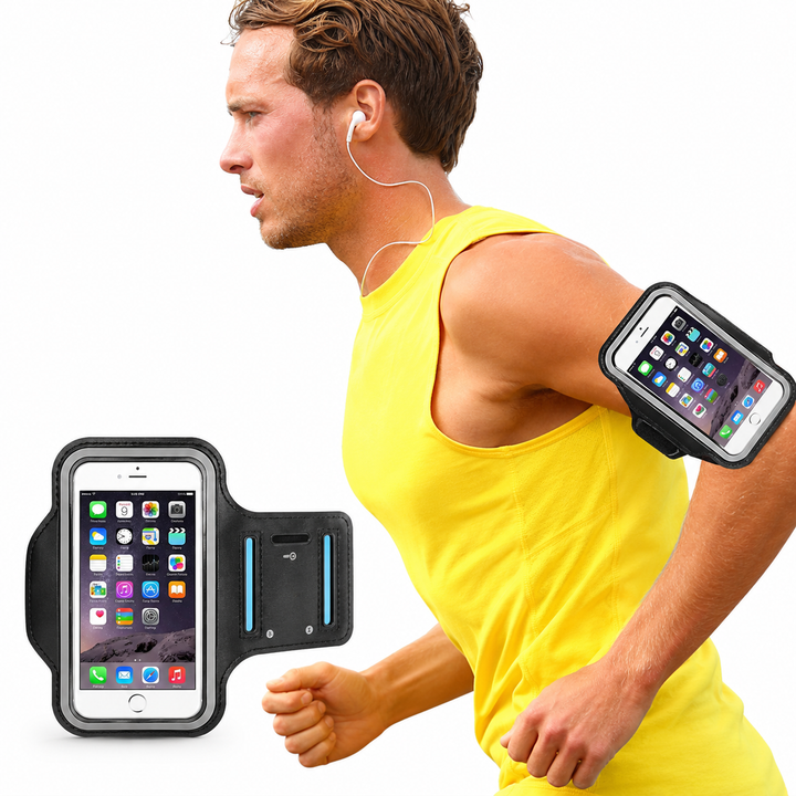 Adjustable reflective running armband with secure smartphone touchscreen pocket Bowlift