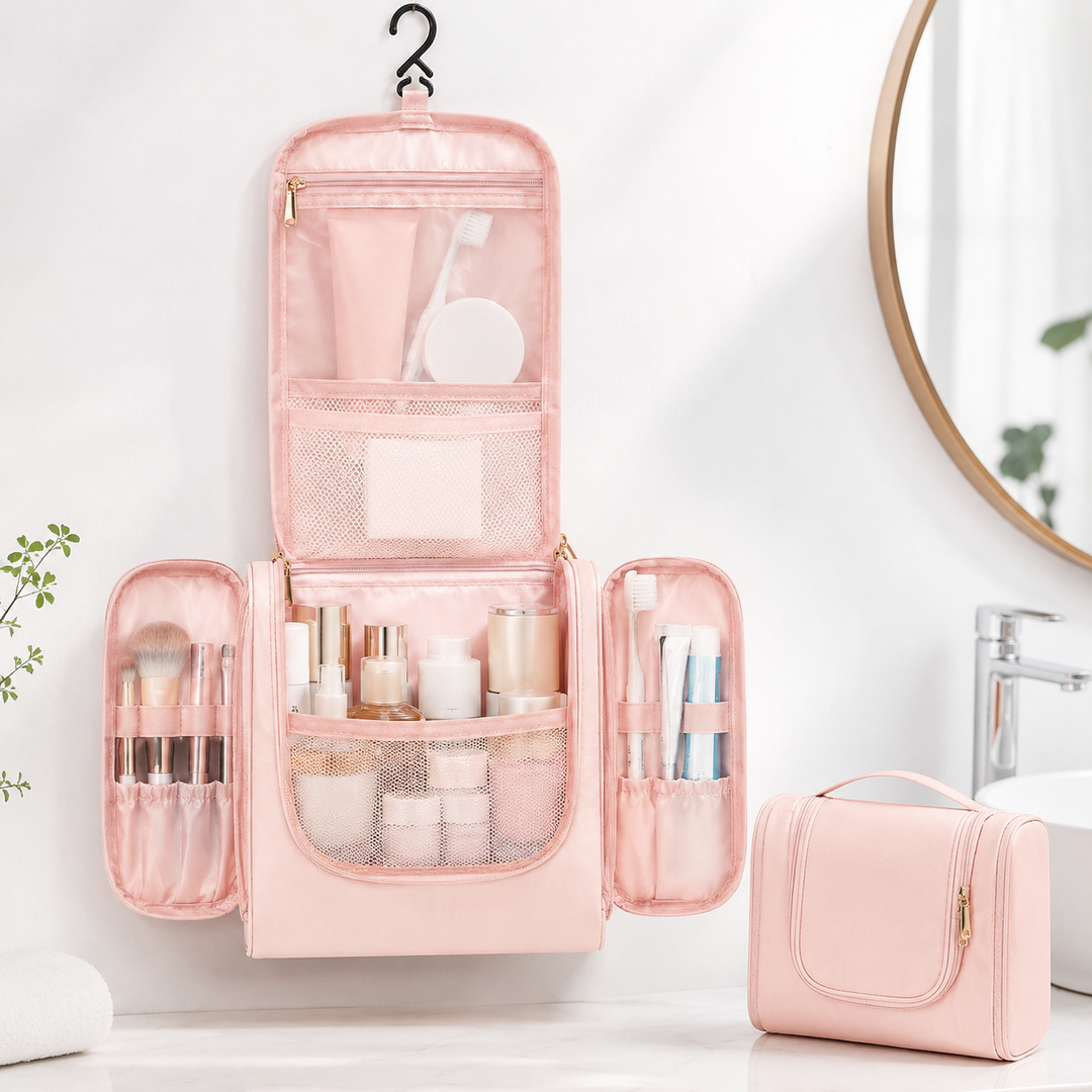 Travel toiletry organizer bag with hanging hook multi compartment dopp kit Bowlift