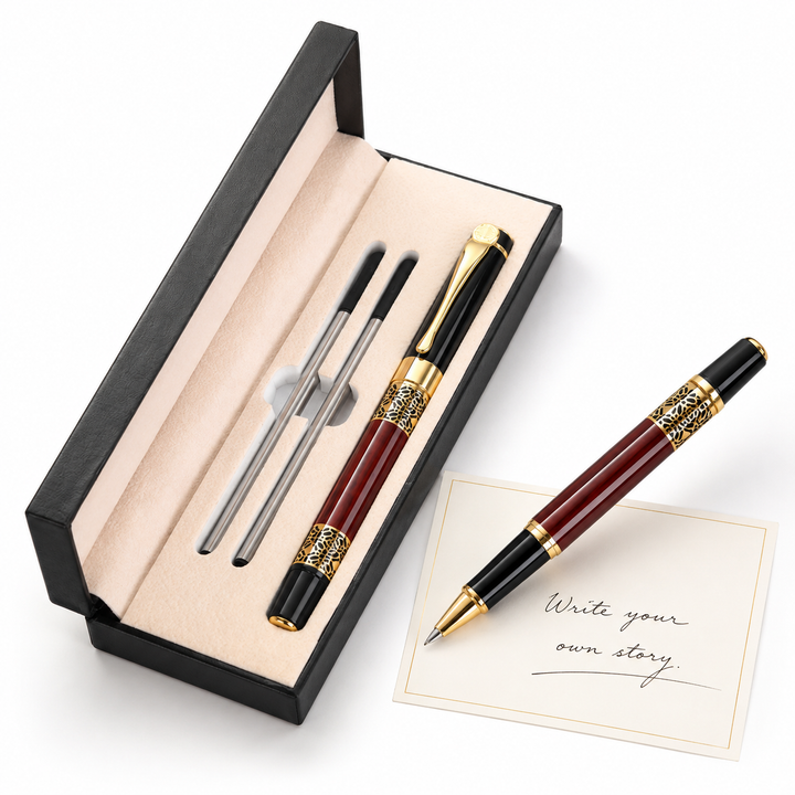 Luxury fountain pen with engraved gold filigree barrel and polished metal clip Bowlift