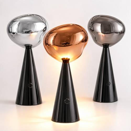 Modern mirrored sculptural table lamp with conical metal base Bowlift