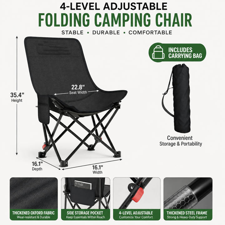 Portable heavy-duty folding camping chair with high-back breathable canvas, adjustable recline and carry bag Bowlift