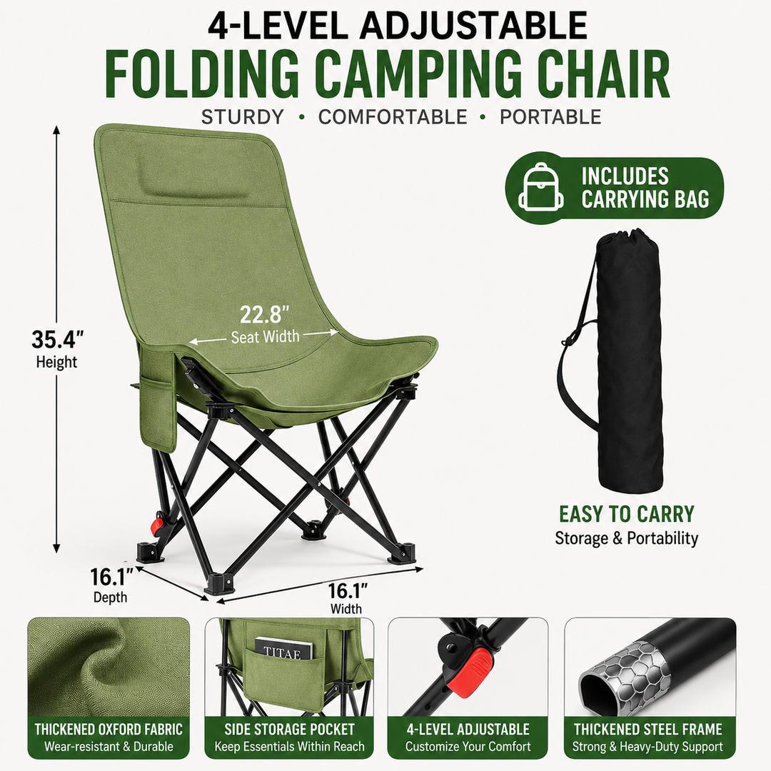 Portable heavy-duty folding camping chair with high-back breathable canvas, adjustable recline and carry bag Bowlift
