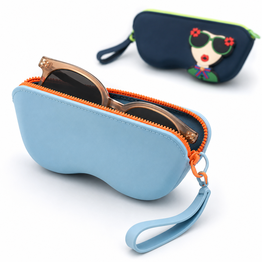 Molded silicone protective sunglasses case with paracord wrist strap and 3D floral eyewear applique Bowlift